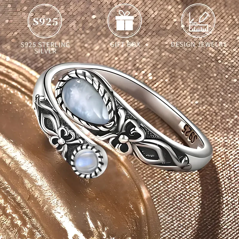 Vintage Boho Sterling Silver Moonstone Ring - Adjustable Spoon Band with Synthetic Stone,
