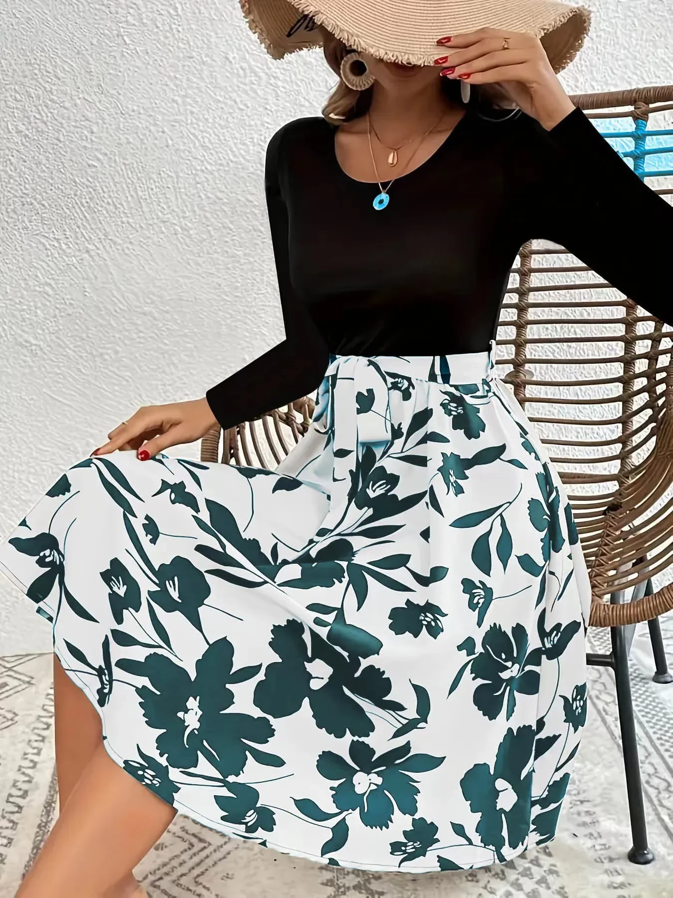 Floral Print Long Sleeve Dress Fashion Round Neck Tie Slim Dress Women's Clothing