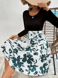 Floral Print Long Sleeve Dress Fashion Round Neck Tie Slim Dress Women's Clothing