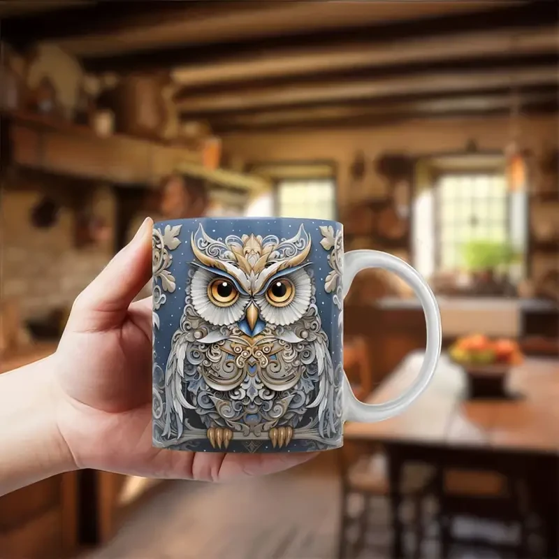 3D Owl Ceramic Coffee Mug, Tea Cup with Cute Broken Wall Pattern