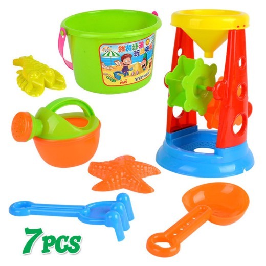 Large Beach Bucket With Hourglass 7-piece Toy