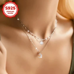 Stylish S925 Pure Silvery Double Layer Necklace  Star and Moon Pendant with Hypoallergenic Synthetic Zirconia, Perfect for Daily Wear and Gift Giving