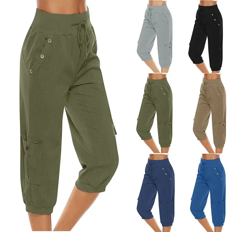 Women's Cotton Linen Cargo Cropped Pants