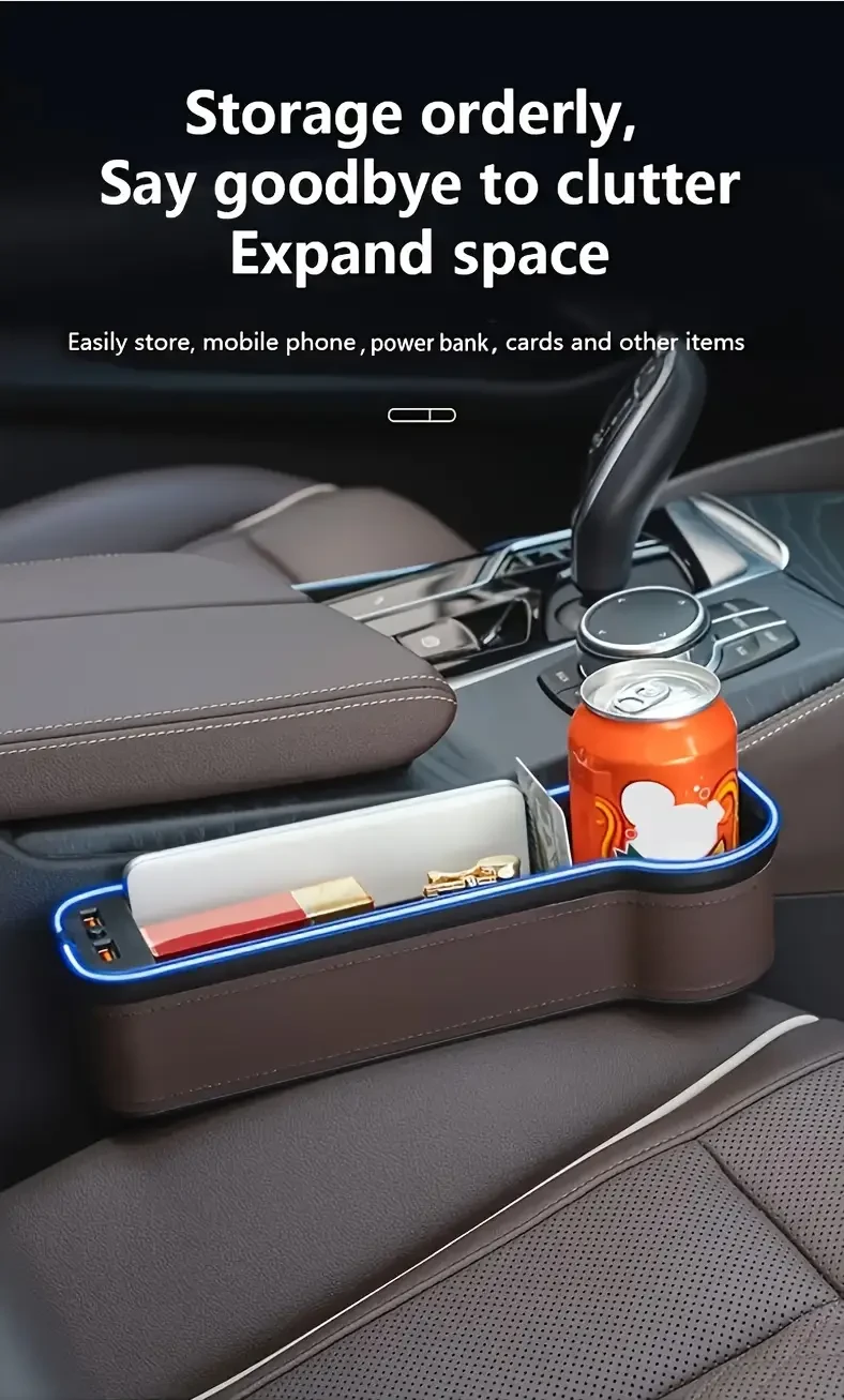 Universal Car Seat Gap Organizer with LED Ambient Lighting and Dual USB Charging Ports, Multi-Function Automotive Console Storage Box, PU Leather Vehicle Crevice Storage Case - Pack of 1