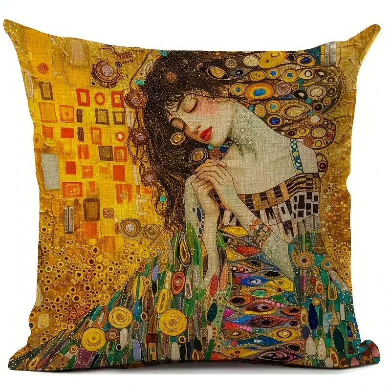 18x18 Inches Durable Linen Gustav Klimt Artistic Print Cushion Cover Vintage Style with Beautiful Woman Design