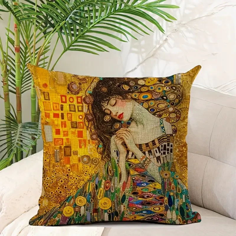 18x18 Inches Durable Linen Gustav Klimt Artistic Print Cushion Cover Vintage Style with Beautiful Woman Design