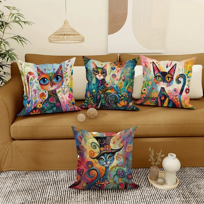 JIT 4-Pack Contemporary Throw Cushion Covers Velvet Cat Floral Abstract Art