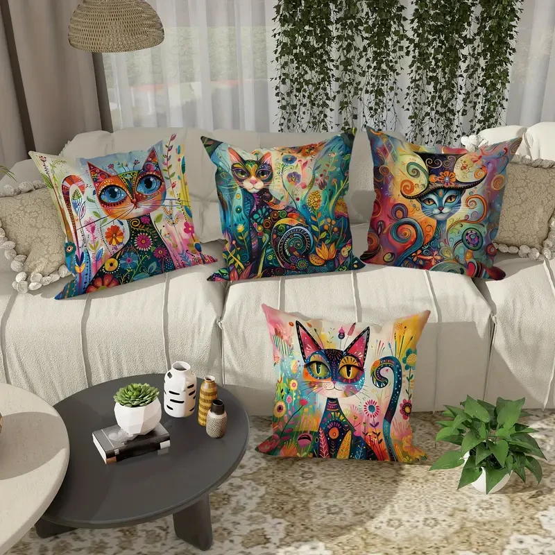 JIT 4-Pack Contemporary Throw Cushion Covers  Velvet Cat Floral Abstract Art