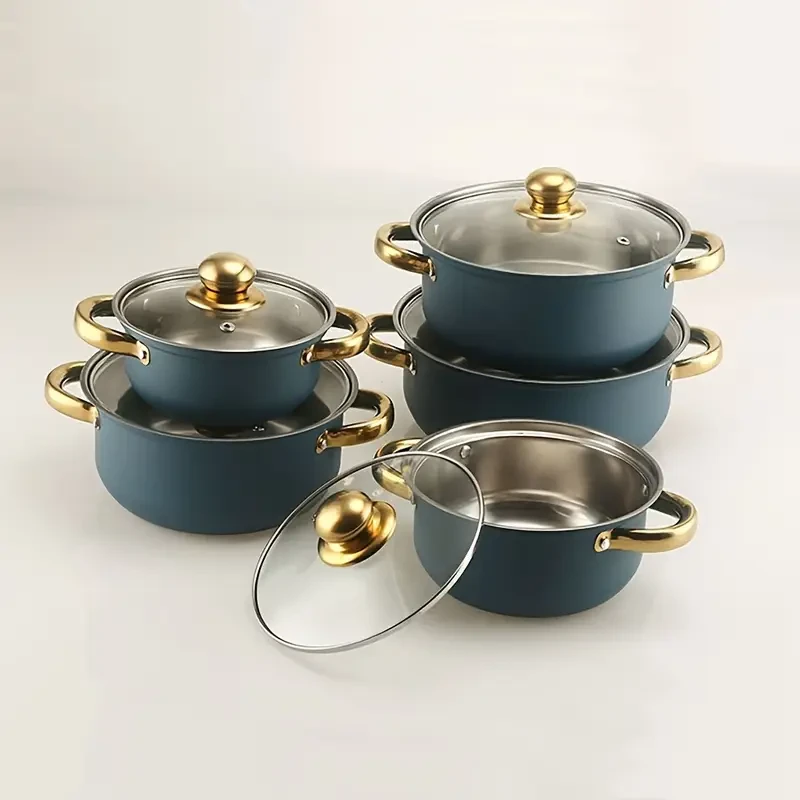 10pcs Colorful Stainless Steel Cookware Set with Anti-Scald Handles & Glass Lids - Perfect for Soups, Milk, Noodles & Porridge, SENBOWE