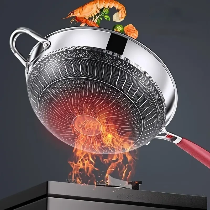 Stainless Steel Non-Stick Double-Sided Honeycomb Frying Pan with Glass Lid - 34.01 cm Uncharged Cookware Set