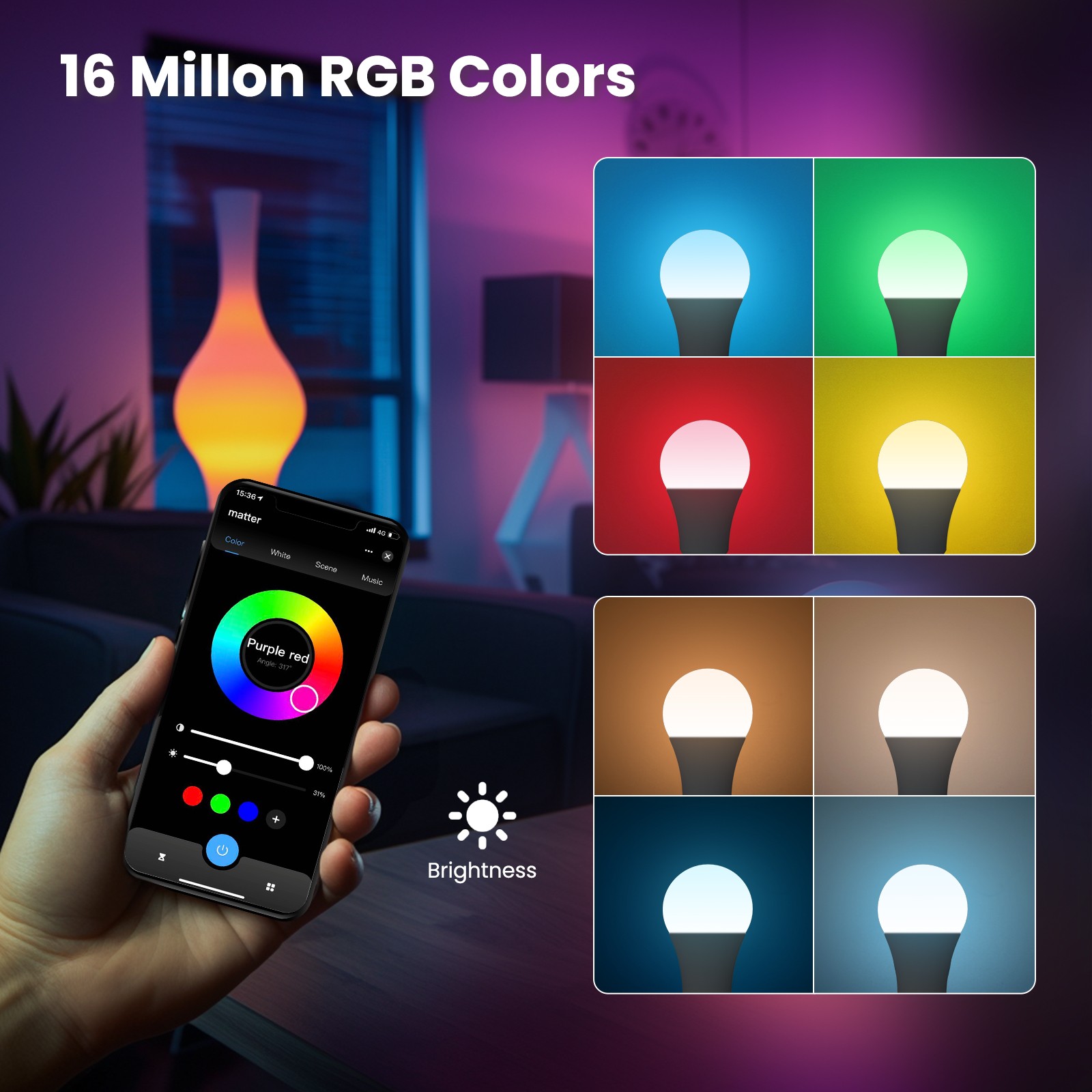 MOES Tuya Matter WiFi Smart Bulb - Dimmable LED Light with 16 Million RGB Colors, E27 Bubble Light, Voice Control via Alexa and Google Home