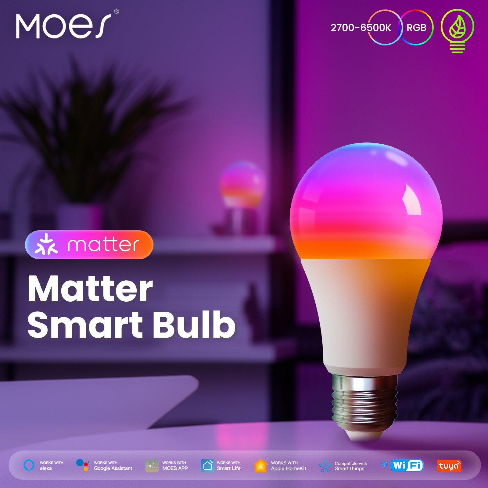 MOES Tuya Matter WiFi Smart Bulb - Dimmable LED Light with 16 Million RGB Colors, E27 Bubble Light, Voice Control via Alexa and Google Home