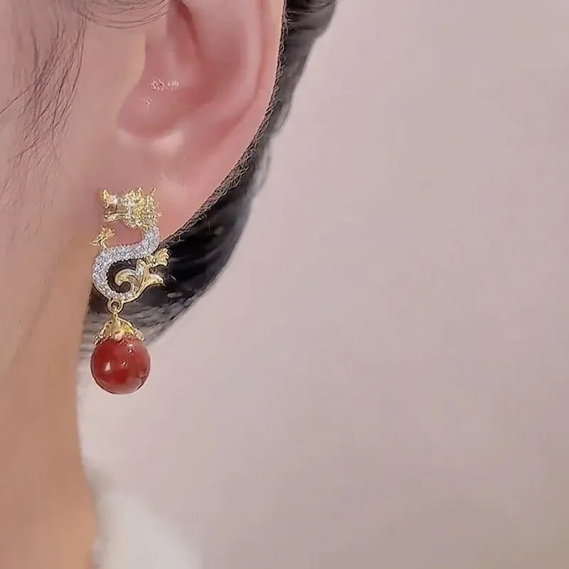 Chinese Style Festive New Year Red Beads Zodiac Dragon Stud Earrings