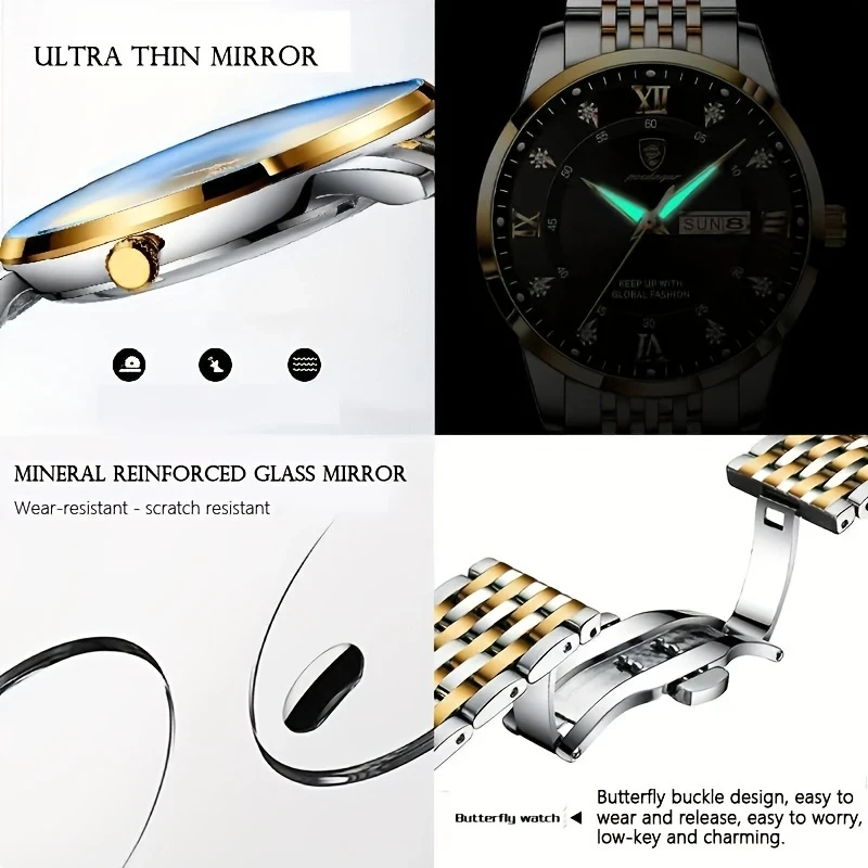 Men's Stylish Quartz Watch Elegant Dual-Tone Stainless Steel Bracelet, Ultra-Thin Mirror, Mineral Reinforced Glass, Butterfly Buckle, Perfect for Casual & Formal Wear