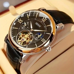 Nesun Mens Business Casual Mechanical Watch  Automatic, Dial-Through Design, Date Display, Stainless Steel Case, Faux Leather Strap, No Battery Needed, Ideal for Valentines Day Gift, Business Casual Accessory
