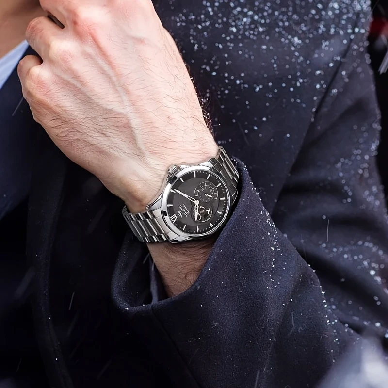 Elegant Automatic Chronograph Watch for Men Stainless Steel Bracelet, Skeleton Dial, Self-Winding Mechanism, Perfect for Business and Casual Wear