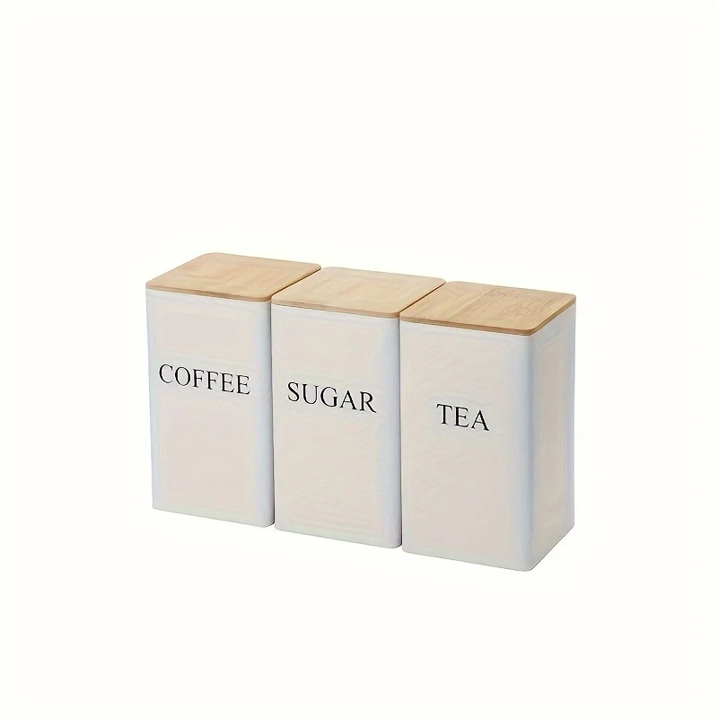 Set of 3 Cast Iron Kitchen Canisters with Wooden Lids