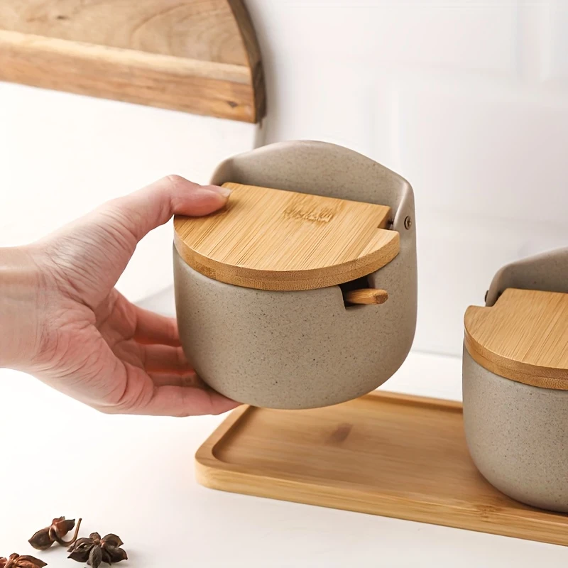 Japanese Ceramic Bamboo and Wood Lid Seasoning Jar Set Elegant and Practical Storage for Salt, Sugar, and Spices