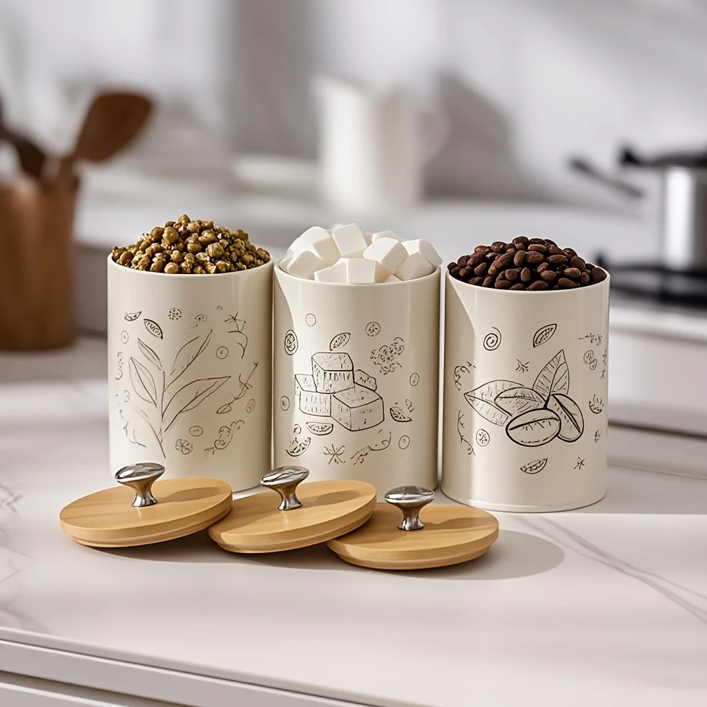 3pcs/Set Coffee, Sugar, Tea Storage Jar with Bamboo Lid Airtight Round Containers for Kitchen Countertops