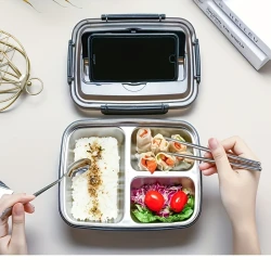 Leak-Proof Stainless Steel 3-Compartment Lunch Box  Durable, Easy-Clean Bento Container for Students & Office Workers, Microwave Safe