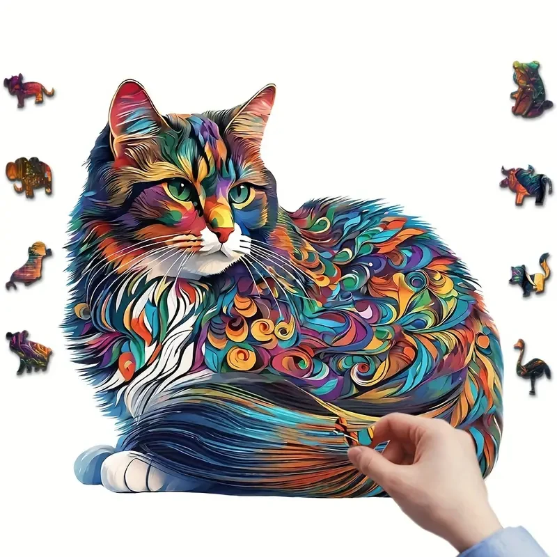 Colorful Cat Wooden Puzzle Unique Shaped Jigsaw for Creative Minds