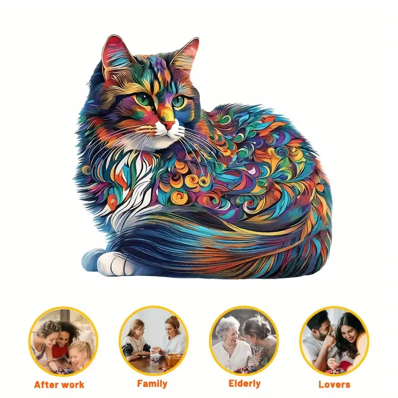 Colorful Cat Wooden Puzzle Unique Shaped Jigsaw for Creative Minds