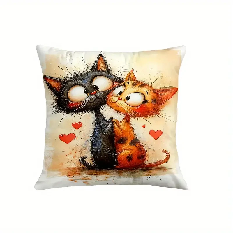 Hand-Drawn Cat Couple Design Throw Pillow Covers - Set of 4