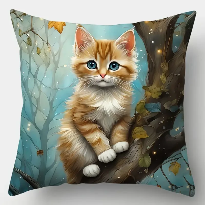 4-Pack Contemporary Throw Pillow Covers - Cute Cat Floral Print