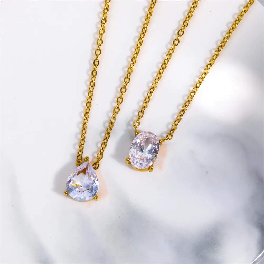 Titanium Steel Color-retaining Zircon Oval Round Pendant Necklace Simple