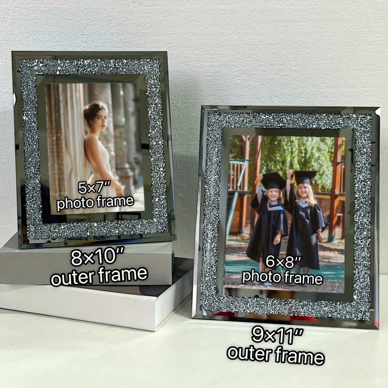 Glam Crystal Glass Diamond Silver Mirror Picture Frames Set Elegant Display for Your Cherished Moments