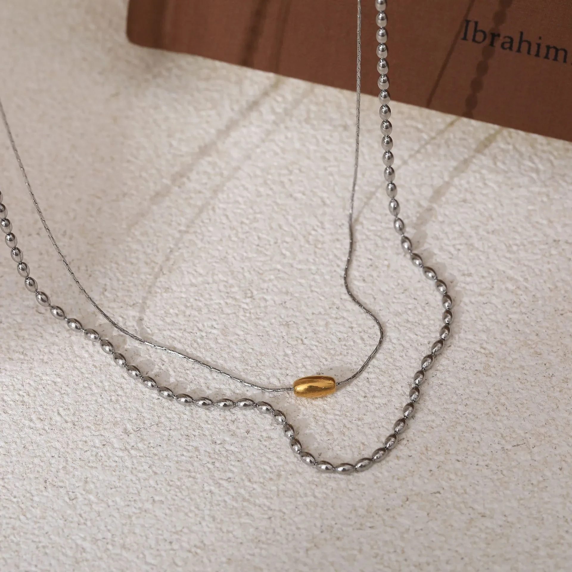 Titanium Steel Gold Rice Grain Double-layer Contrast Color Necklace