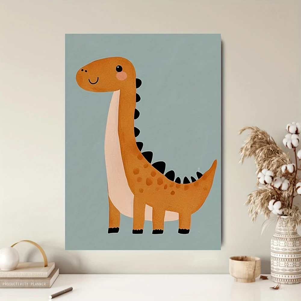 1pc Whimsical Orange Giraffe-Dinosaur Canvas Wall Art - Playful Nursery Decor