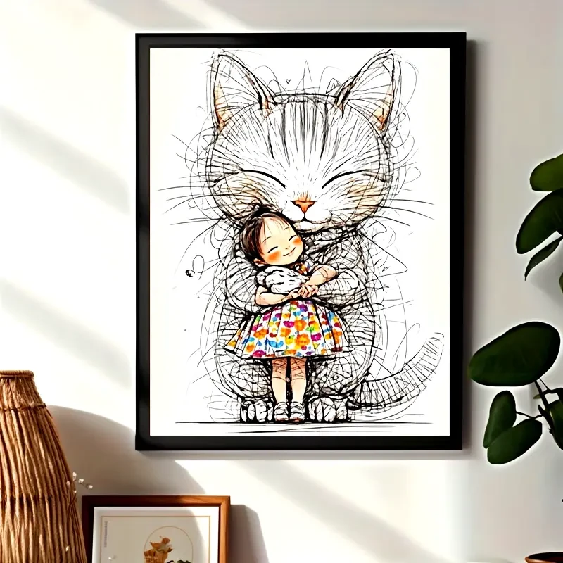 Charming Cartoon Cat & Girl Watercolor Canvas Art Frameless Modern Wall Art