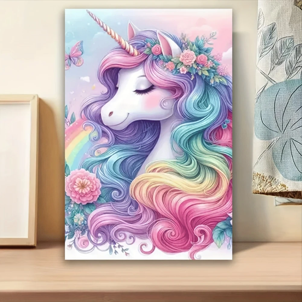 1pc One Piece Unicorn Canvas Wall Art Vibrant Rainbow Mane & Pastel Floral Design