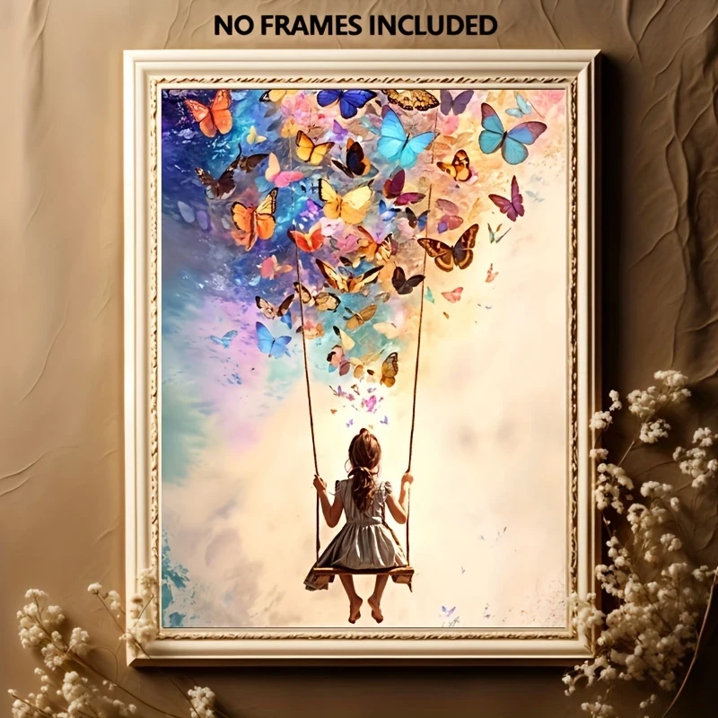 Dreamy Girl on a Swing Surrounded by Colorful Butterflies Frameless Canvas Wall Art