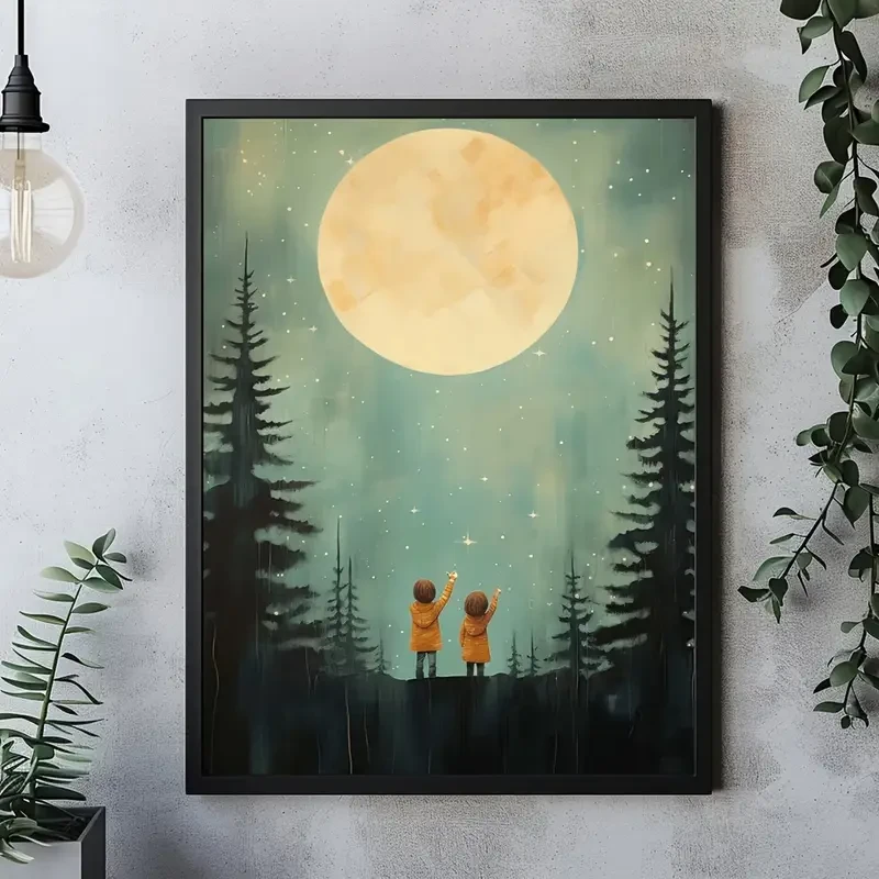 Starry Night Adventure 30.48X40.64cm Frameless Canvas Art Siblings & Forest Stars Print