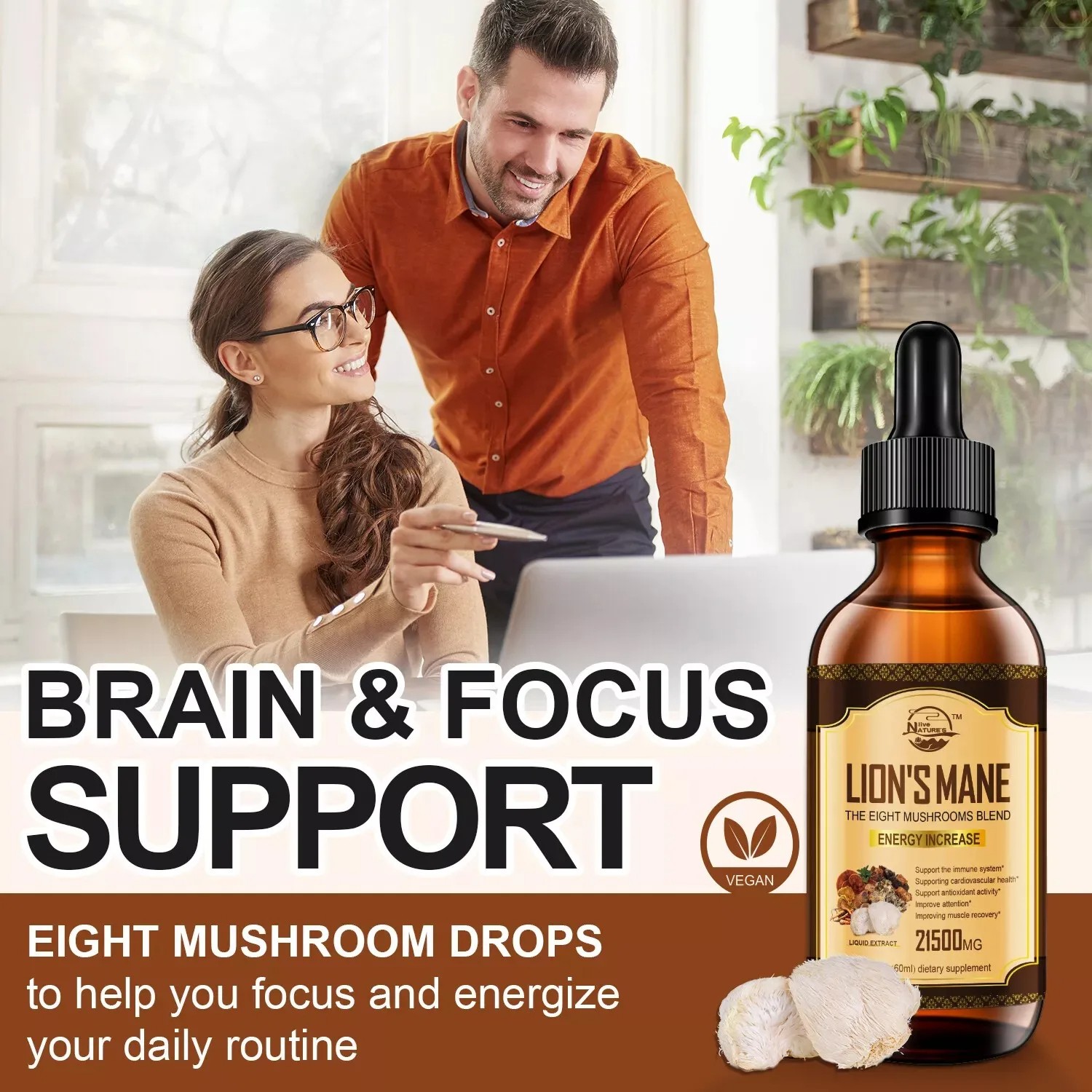 60ml Lions Mane, Chaga Mushroom Complex Reishi Extract Liquid Herbal Drops