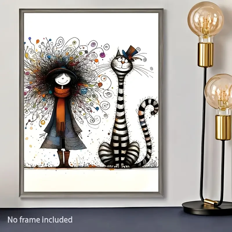 Whimsical Girl and Cat Canvas Print A Modern Abstract Wall Art with Vibrant Colors