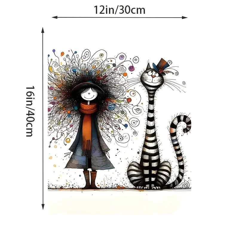 Whimsical Girl and Cat Canvas Print A Modern Abstract Wall Art with Vibrant Colors