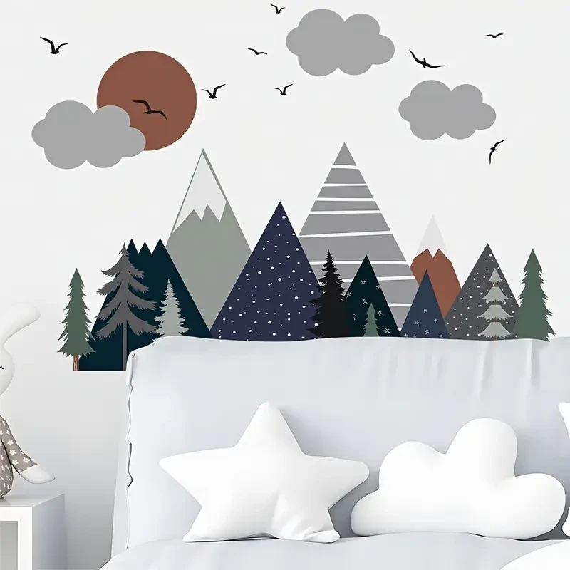 2pcs Boho Watercolor Wall Decals Mountain, Sun, Tree & Bird Designs for a Creative, Natural Vibe