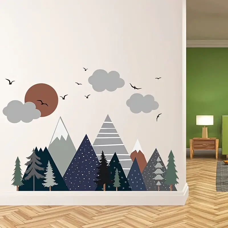 2pcs Boho Watercolor Wall Decals Mountain, Sun, Tree & Bird Designs for a Creative, Natural Vibe