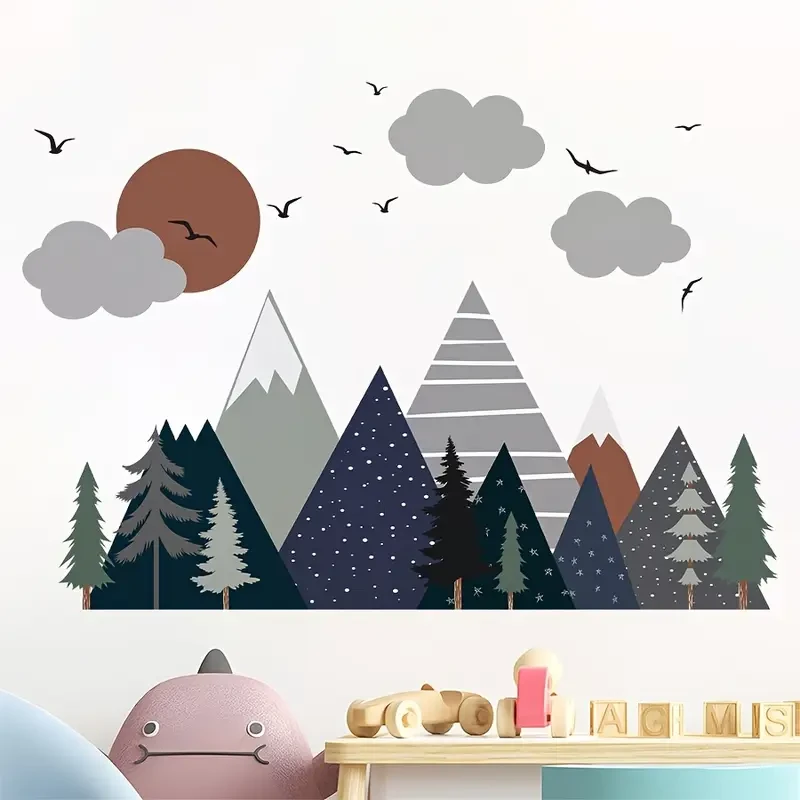 2pcs Boho Watercolor Wall Decals Mountain, Sun, Tree & Bird Designs for a Creative, Natural Vibe