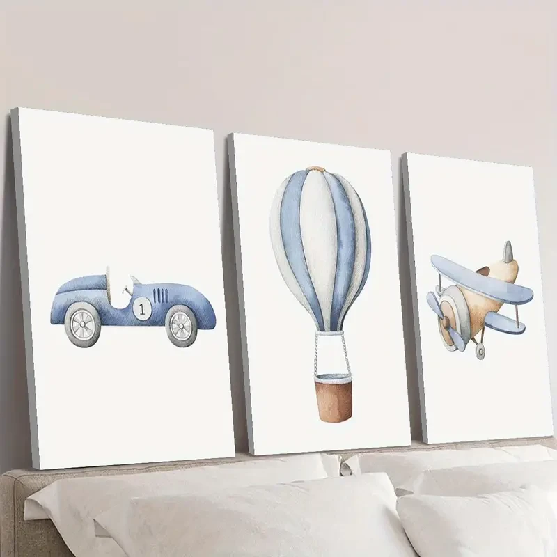 3pcs Wood Framed Canvas Print Art Cute Watercolor Vehicles and Airplanes Art for Kids Rooms