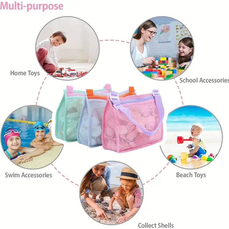 3pcs Vibrant Mesh Beach Toy Bags for Youngsters