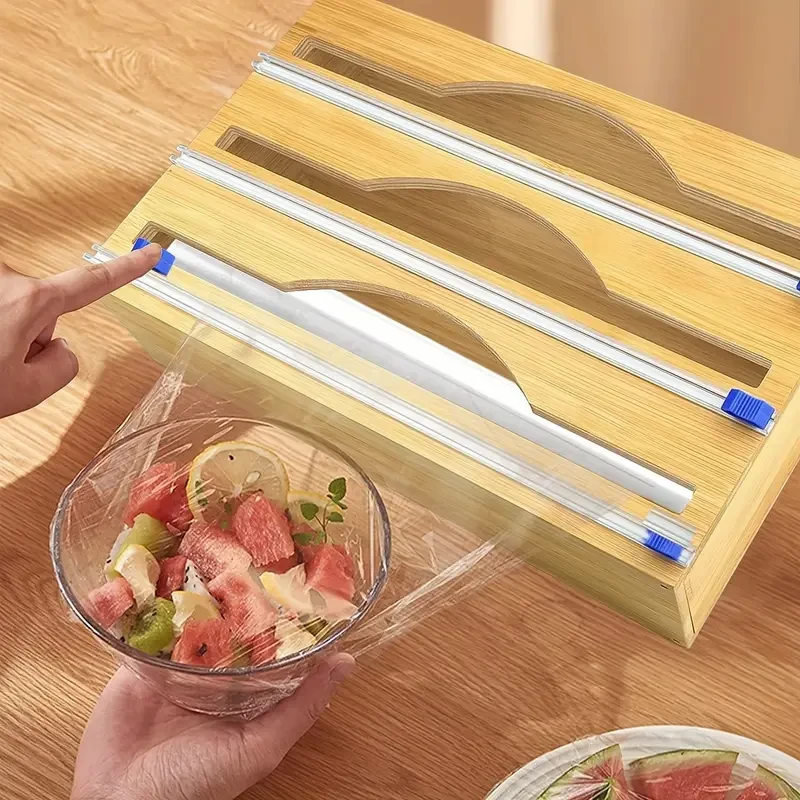 Streamlined Storage, Bamboo 3-in-1 Wrap Organizer with Cutter - Durable Kitchen Storage for Foil, Plastic Wrap & Wax Paper