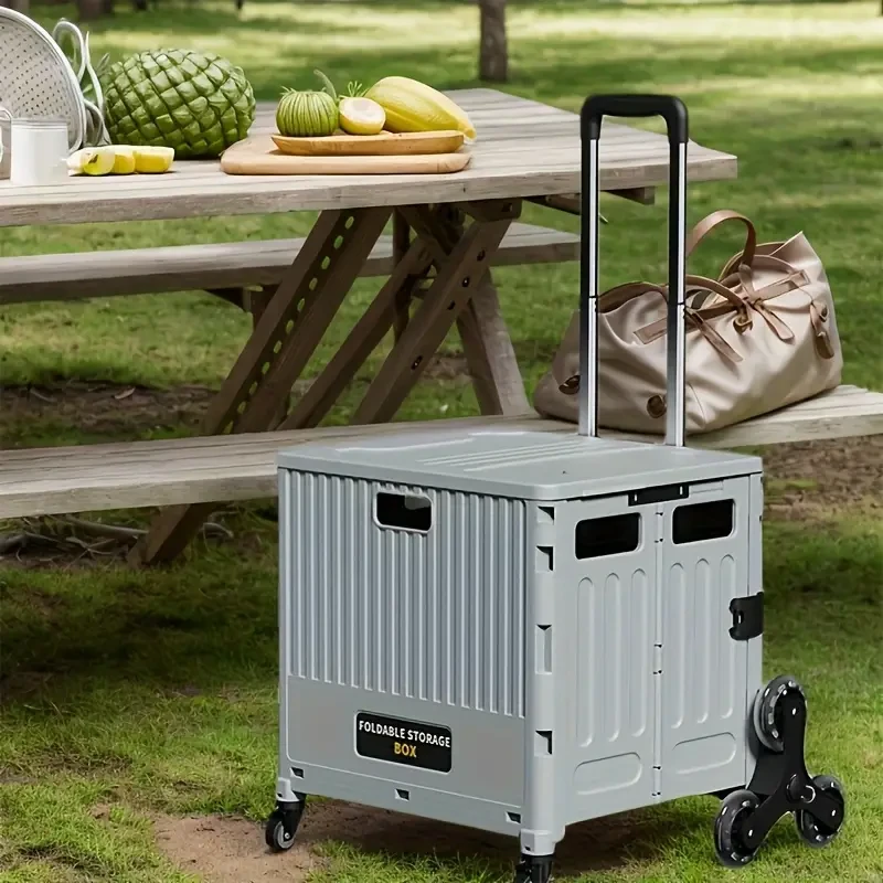 Foldable Grey Outdoor Storage Box with Multi-Wheel and Adjustable Handle High-Capacity, Waterproof, Lightweight, and Portable Storage Solution for Gardens and Patios