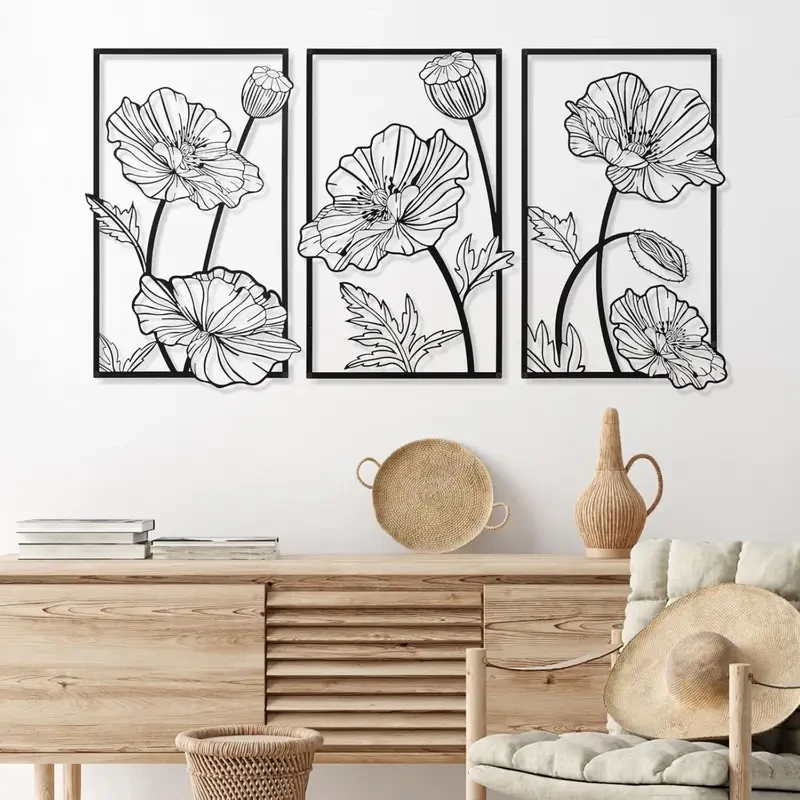 3pcs Black Metal Wall Art Minimalist Flower Line Wall Sculpture for Bedroom, Bathroom, and Kitchen Decoration