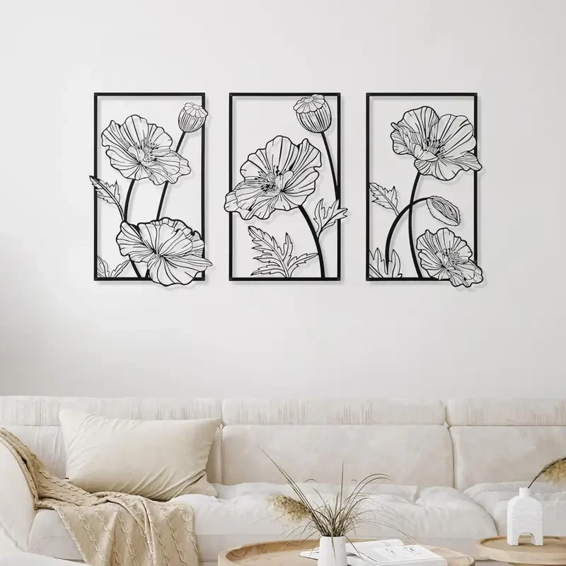3pcs Black Metal Wall Art Minimalist Flower Line Wall Sculpture for Bedroom, Bathroom, and Kitchen Decoration