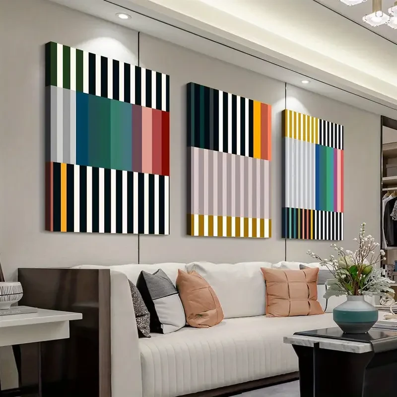 3-Piece Abstract Geometric Canvas Art Print Set Modern & Art Deco Style, Ink on Canvas, Wrap Canvas Frames for Home Office, Living Room, Bedroom, Bathroom, Dining Room - Vertical Orientation