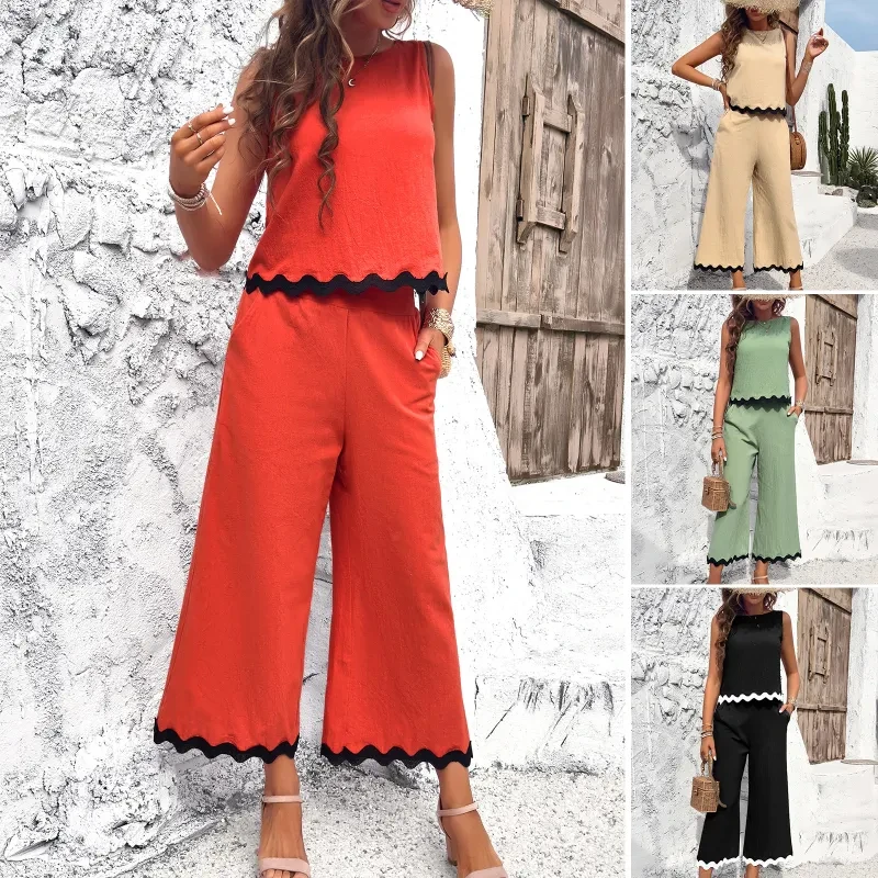 Summer Wave Print Sleeveless Top and Trousers Set
